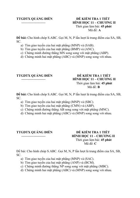 Đề kiểm tra Hình học 11 chương 2 trung tâm GDTX Quảng Điền – TT. Huế